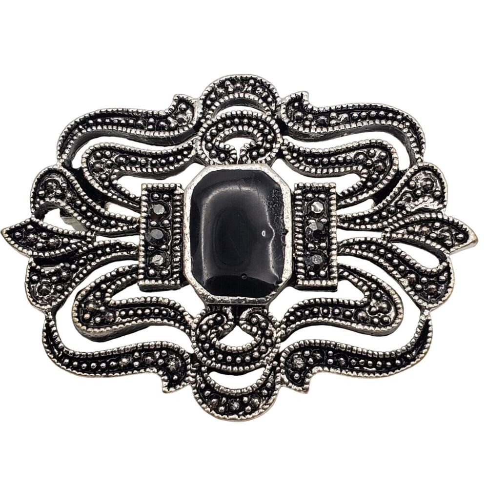 Black Enamel Silver Tone Brooch Faux Marcasite Pin‎ Vintage 1970s Jewelry